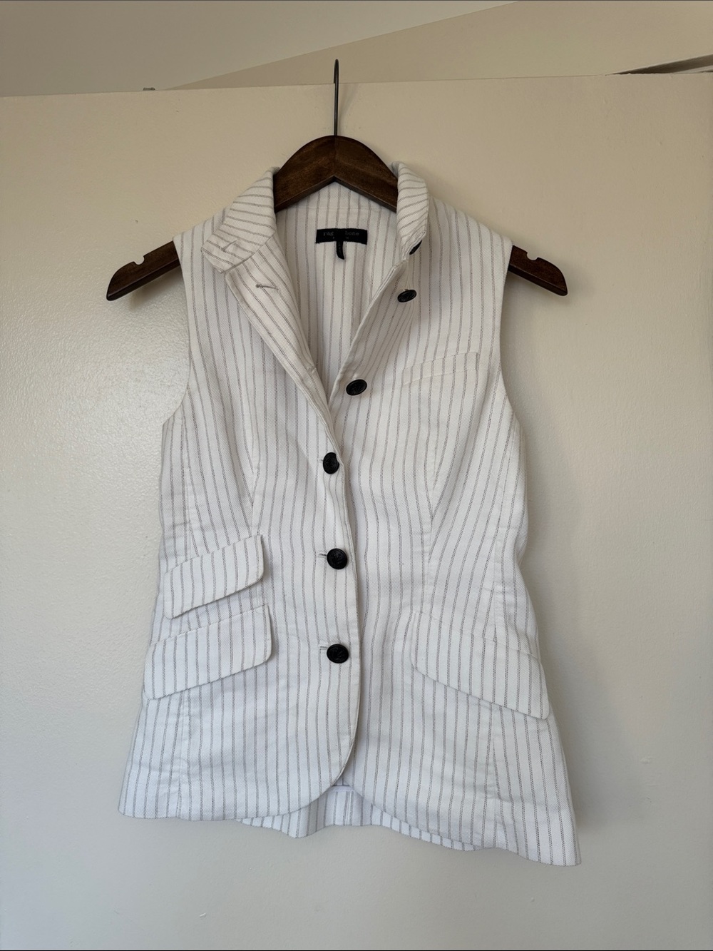 rag & bone White Pinstripe Sleeveless Stand-Collar Vest